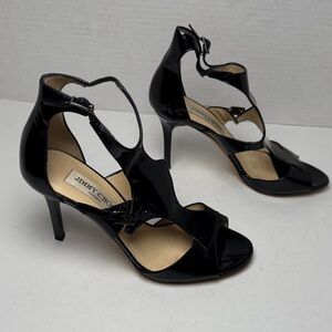 JIMMY CHOO Lotus Glossy Black‎ Patent Leather Cut Out Strappy 3" Heels Size 36